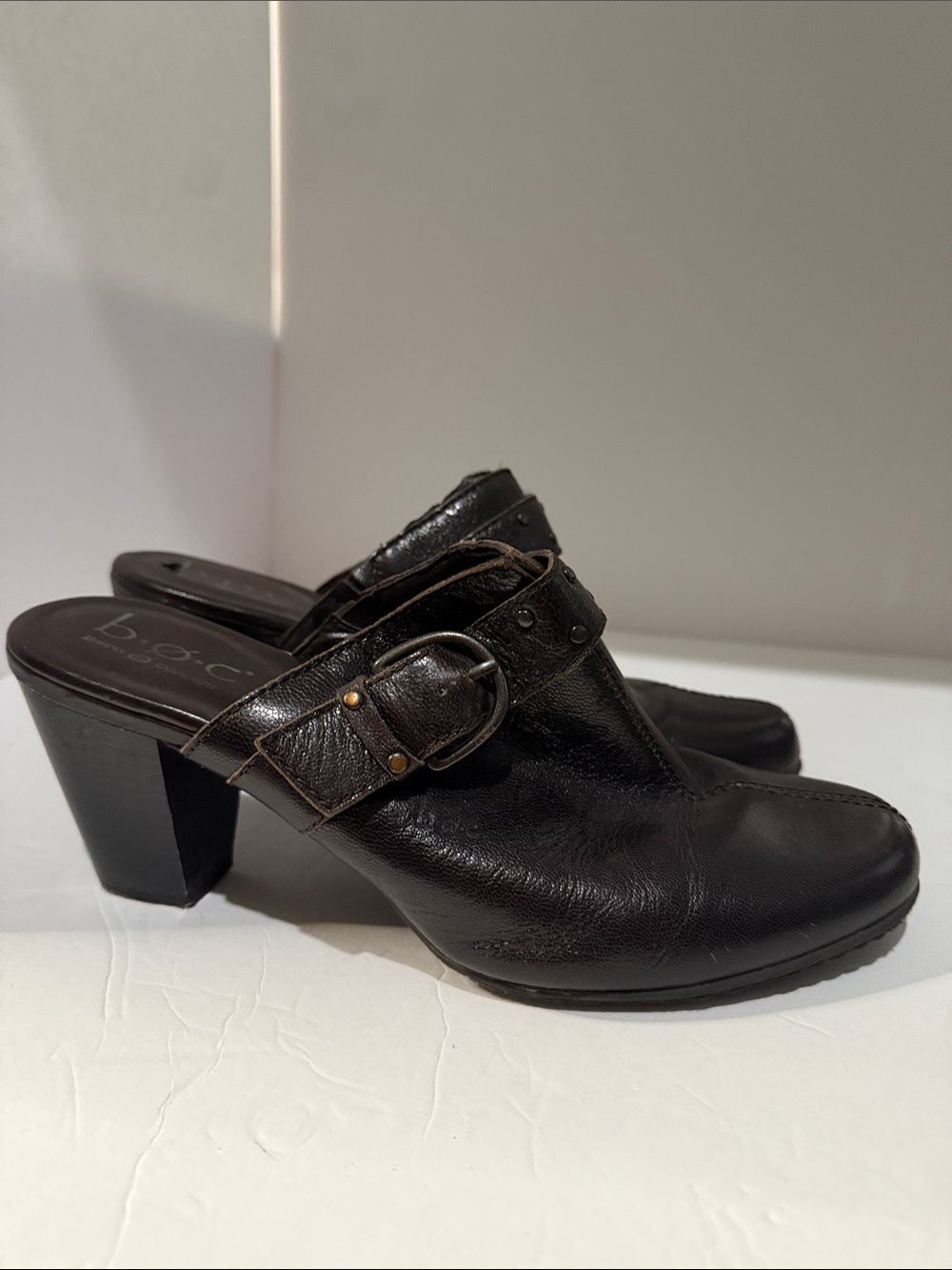 b.o.c. Dark Brown Leather Buckle Clog Mules